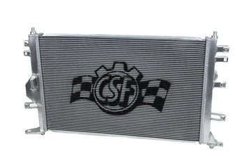 Stock photo of a CSF high-performance Radiator for Toyota GR Corollas, featuring light-weight aluminum grill construction and mounting points. 