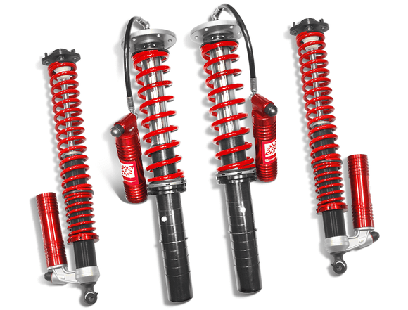 Samsonas stainless steel rally coilovers for BMW E87, E90 and E92 with red springs and external reservoirs.
