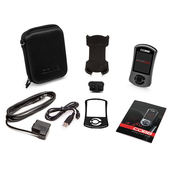 Stock photo of a COBB Accessport and accessories.