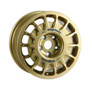 Gold heavy-duty Speedline Corse 2128 wheel with reinforced spoke plate for rally applications. 